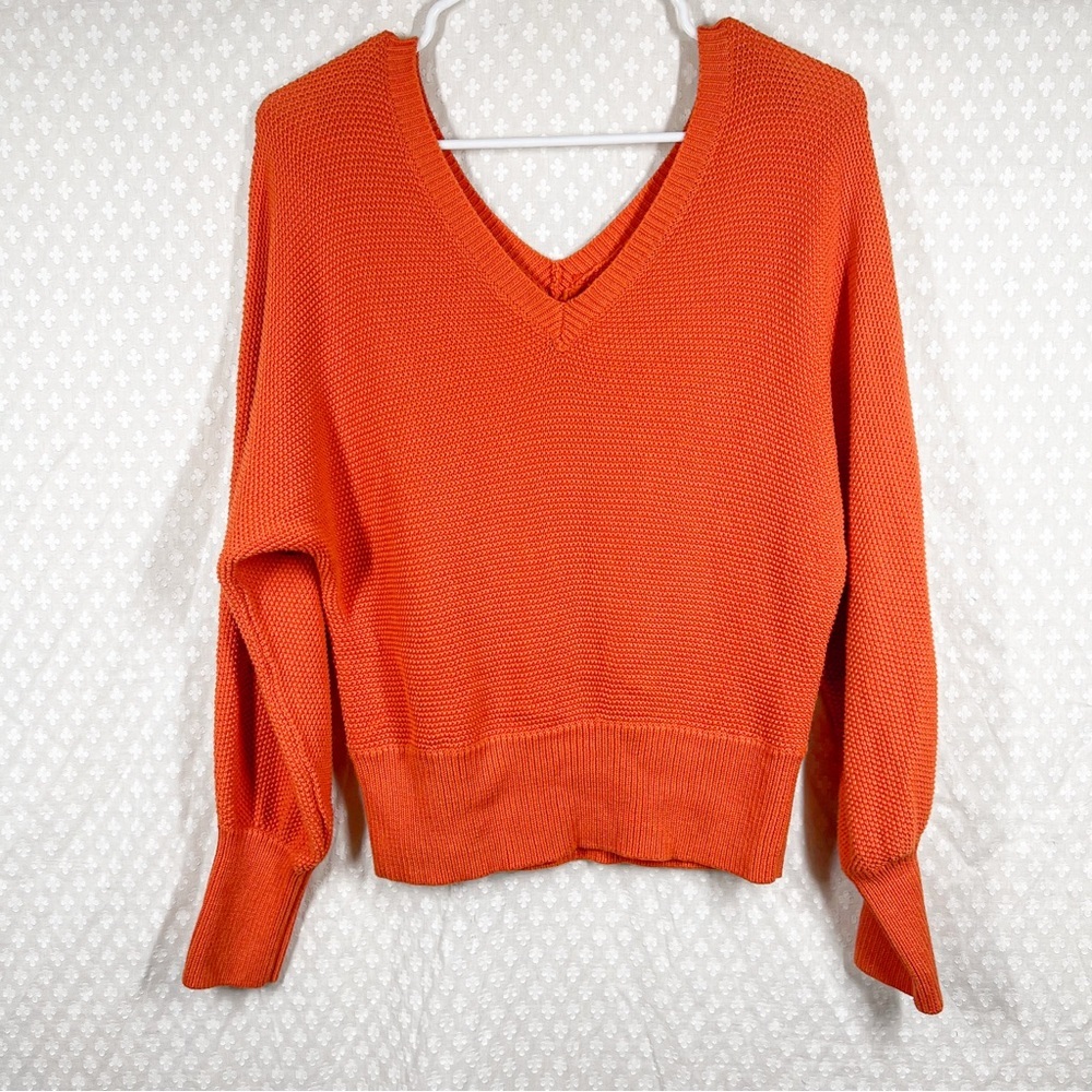 Anthropologie Orange Waffle Knit V Neck Sweater